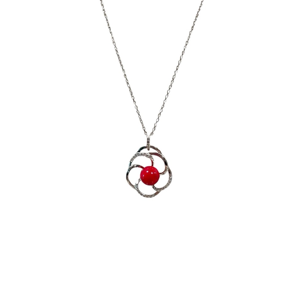 JTV Sterling Silver Red Orb Pendant Necklace 925 CZ Accents